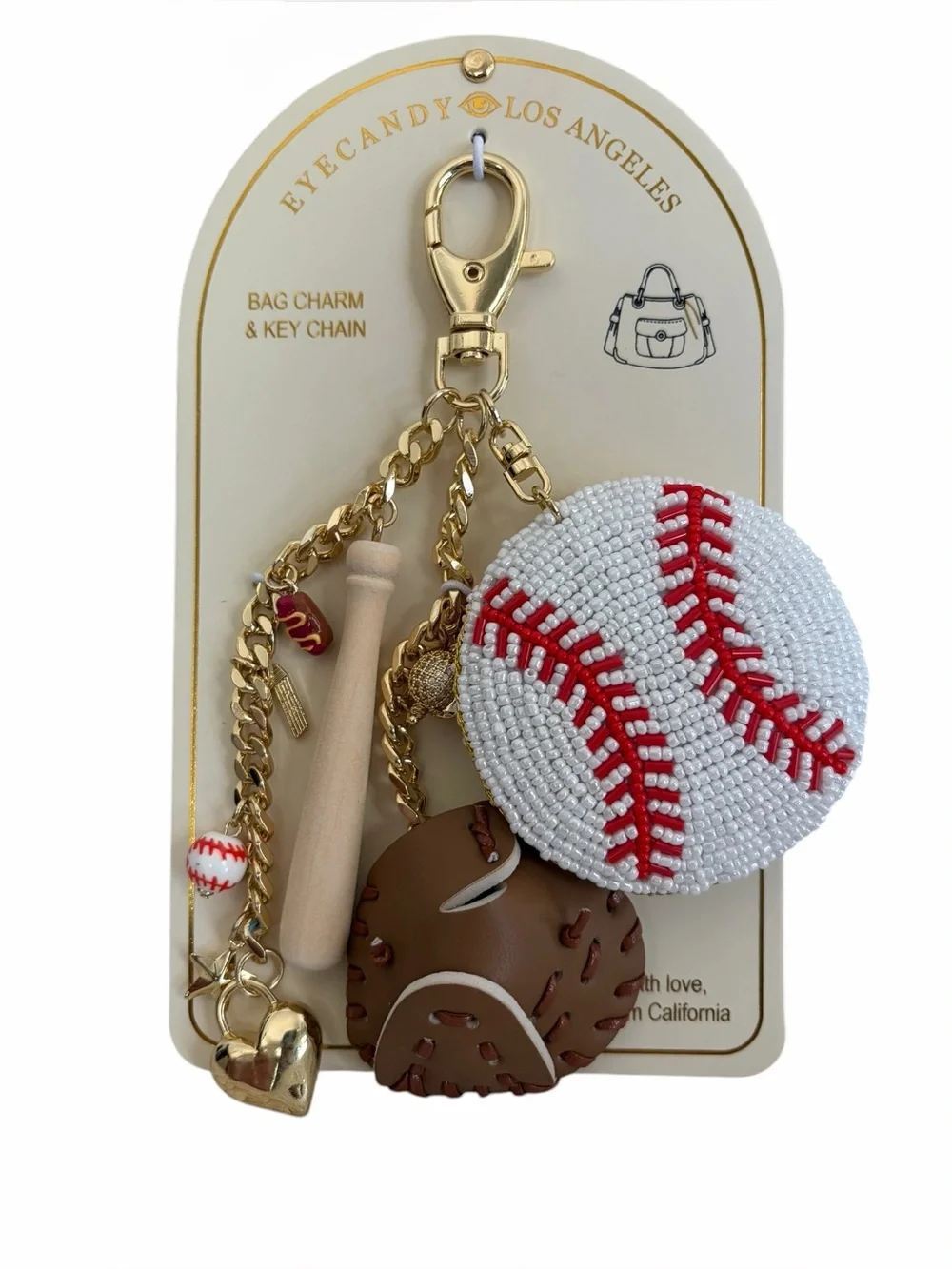 NEW - EYE CANDY Baseball Themed Bag Charm & Keychain w/leather, beads, gold-tone